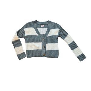 SO Women's Sage Green & White Cotton/Acrylic Striped Sweater Ribbed Knit Button